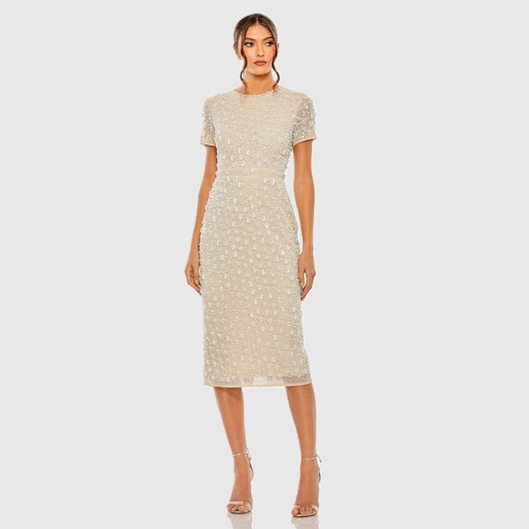 NWT $698 MAC DUGGAL Beige High Neck Short Sleeve Embellished Midi Sheath Dress
